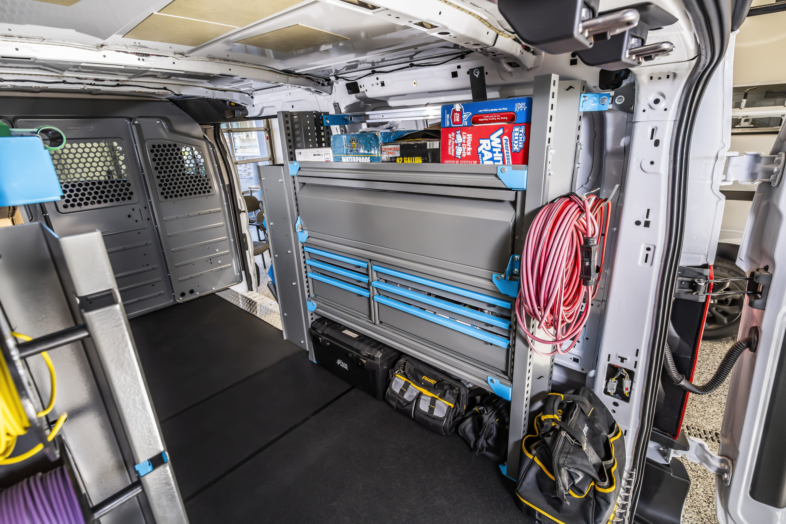 Adrian Steel drawers and cargo organization in a commercial van