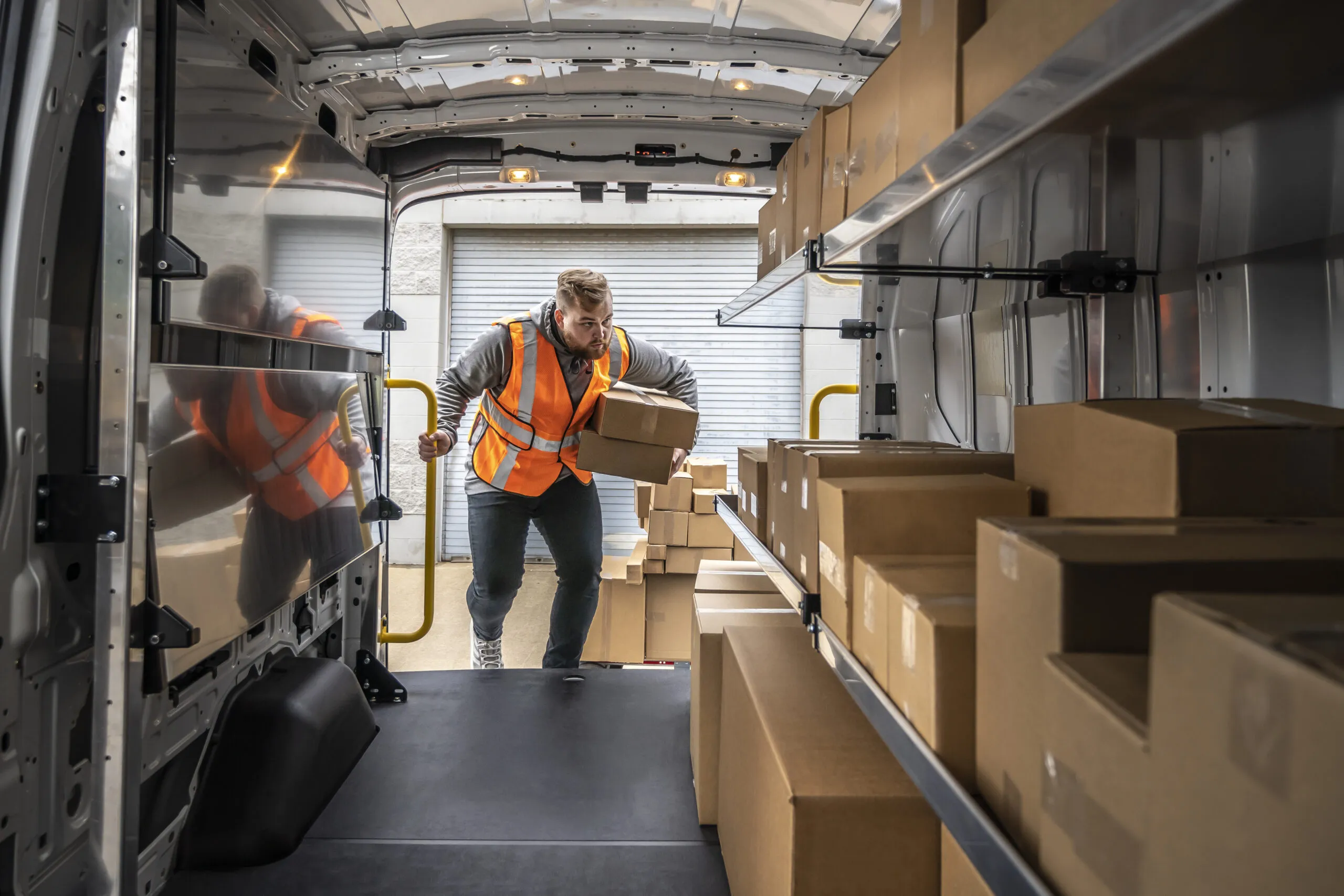 Adrian Steel folding shelving in a commercial vehicle